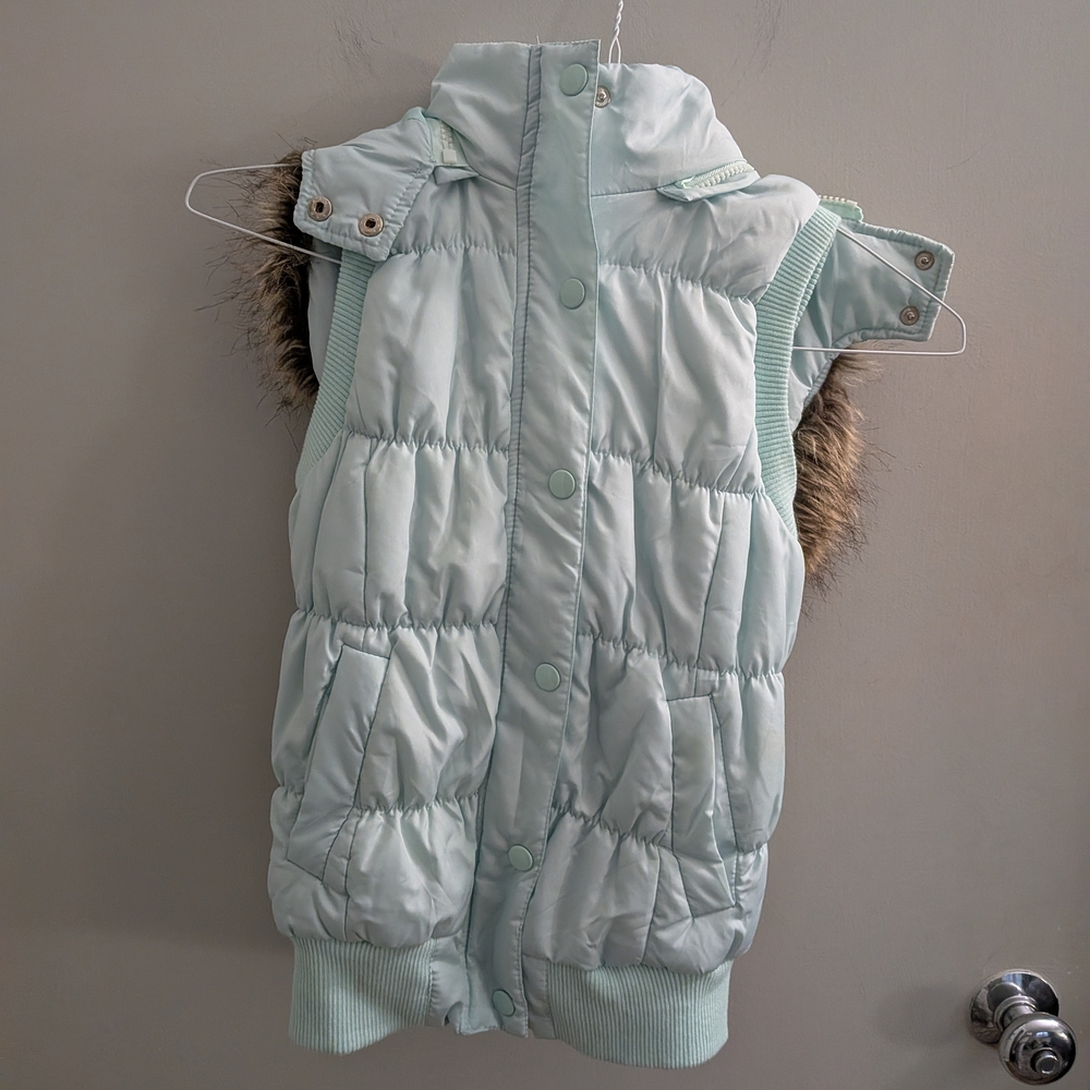 Vintage 90s dELiA*s Light Green/Blue Quilted Puffer Vest Faux Fur Hood Small VTG